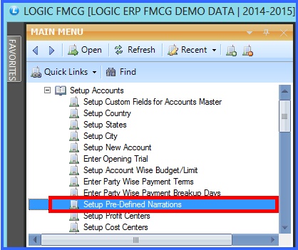 fmcg set up pre-defined narrations